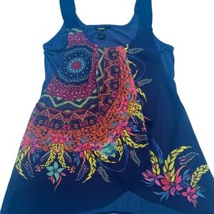 Desigual navy tank top with colorful floral a-line overlay.  EU large